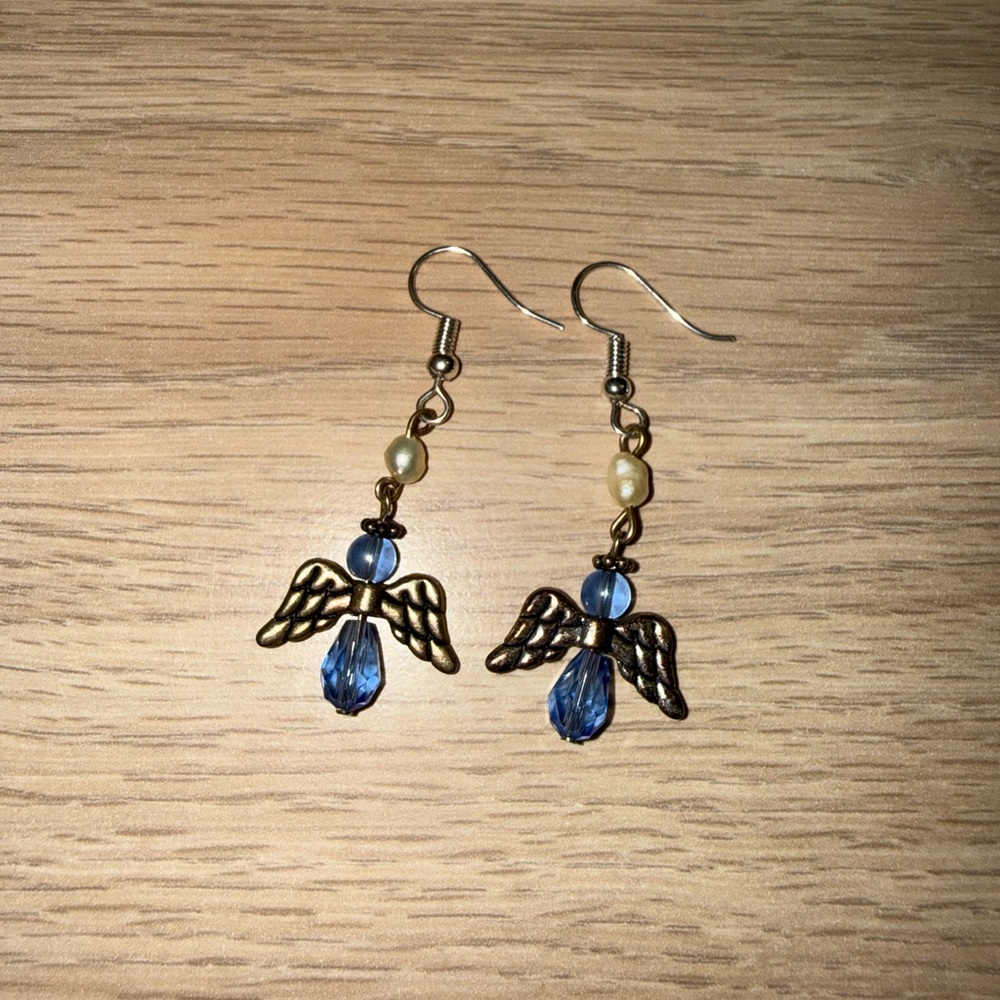 Angel Wing Blue and Gold Earrings